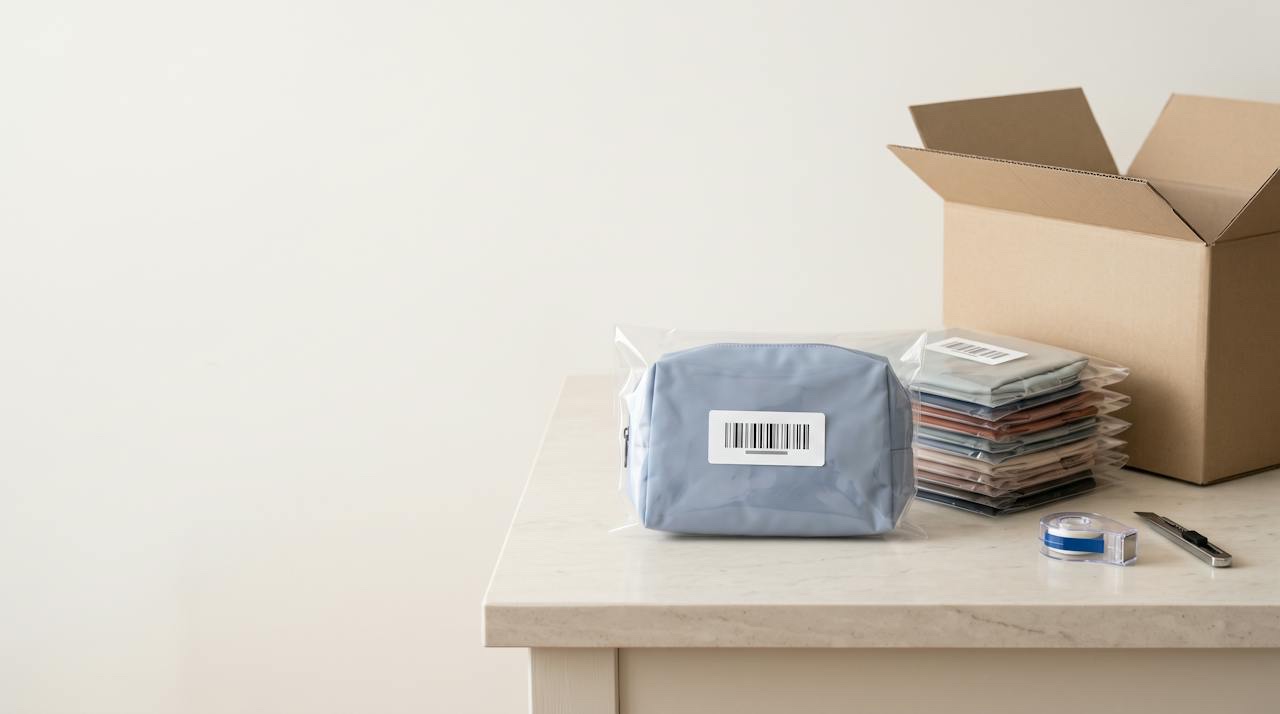 A row of custom cosmetic pouches individually sealed in clear poly bags with barcode labels, ready for fulfilment centre intake