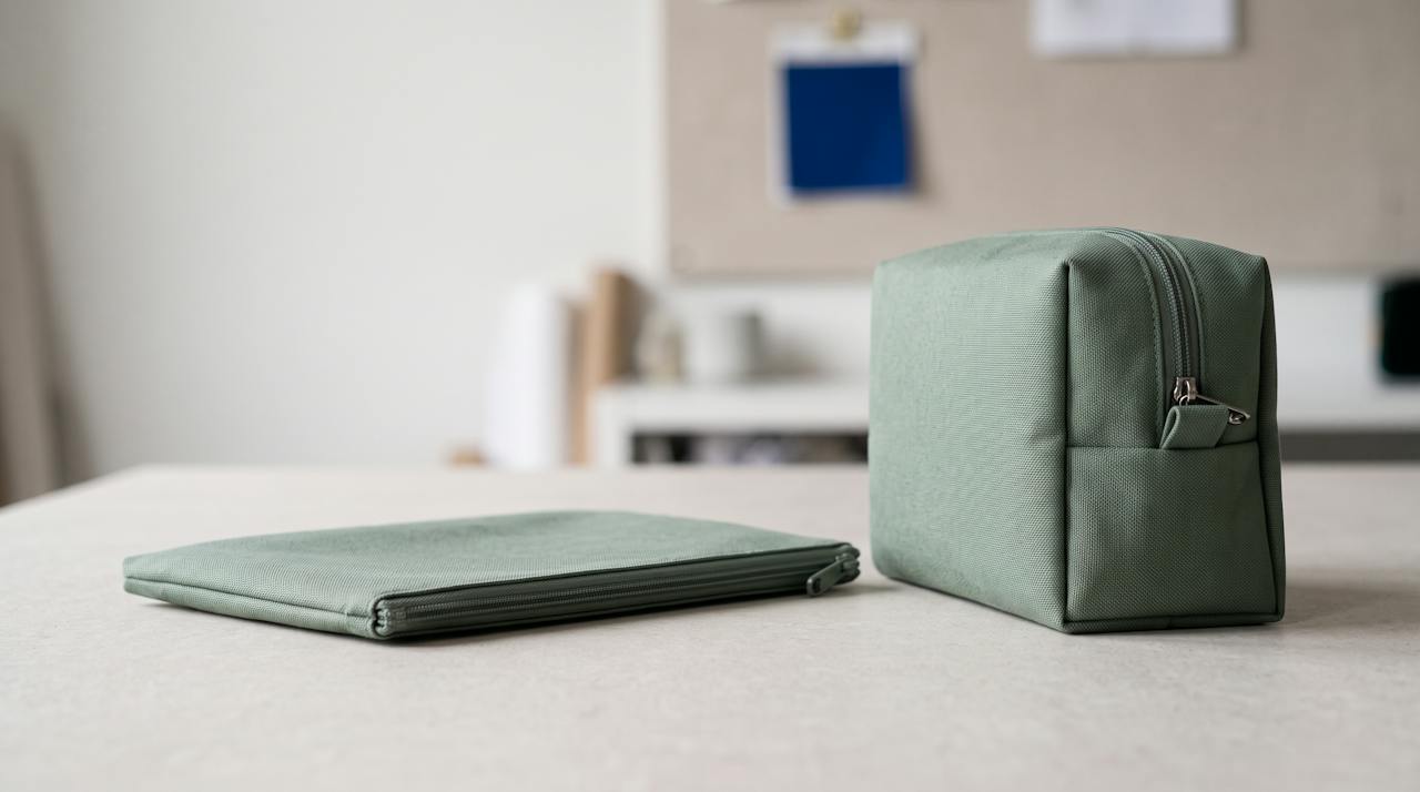 A flat zipped pouch lying beside a box pouch standing upright on a light work surface, showing the gusset that separates the two constructions.