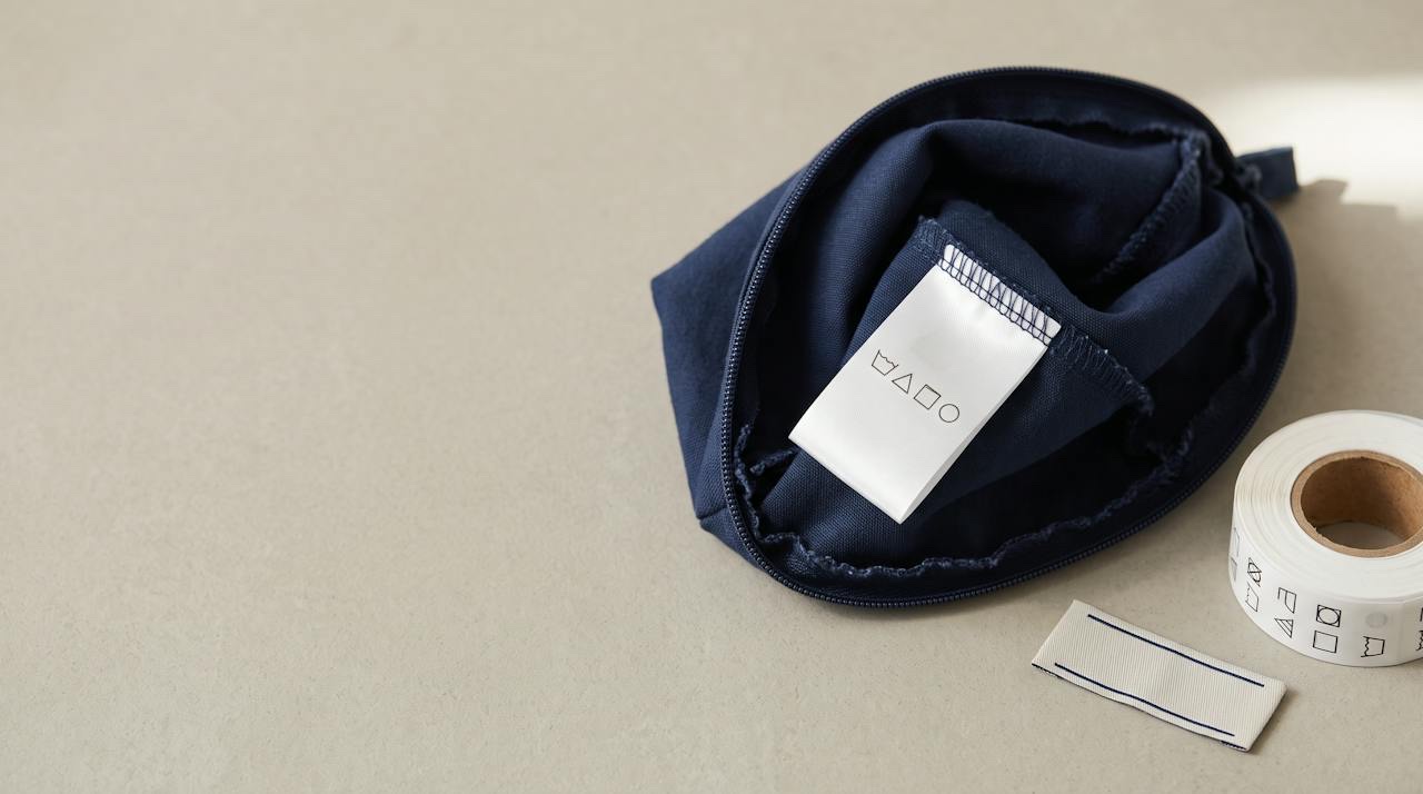 Close-up of a woven care label and origin tag stitched into the lining seam of a nylon cosmetic pouch, with care symbols visible