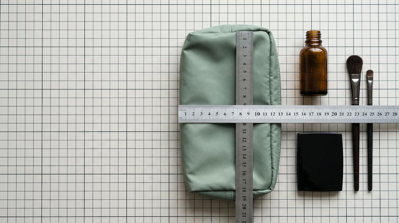 A cosmetic bag laid flat on a cutting mat with a steel ruler across its width, the real contents it is sized for arranged beside it.
