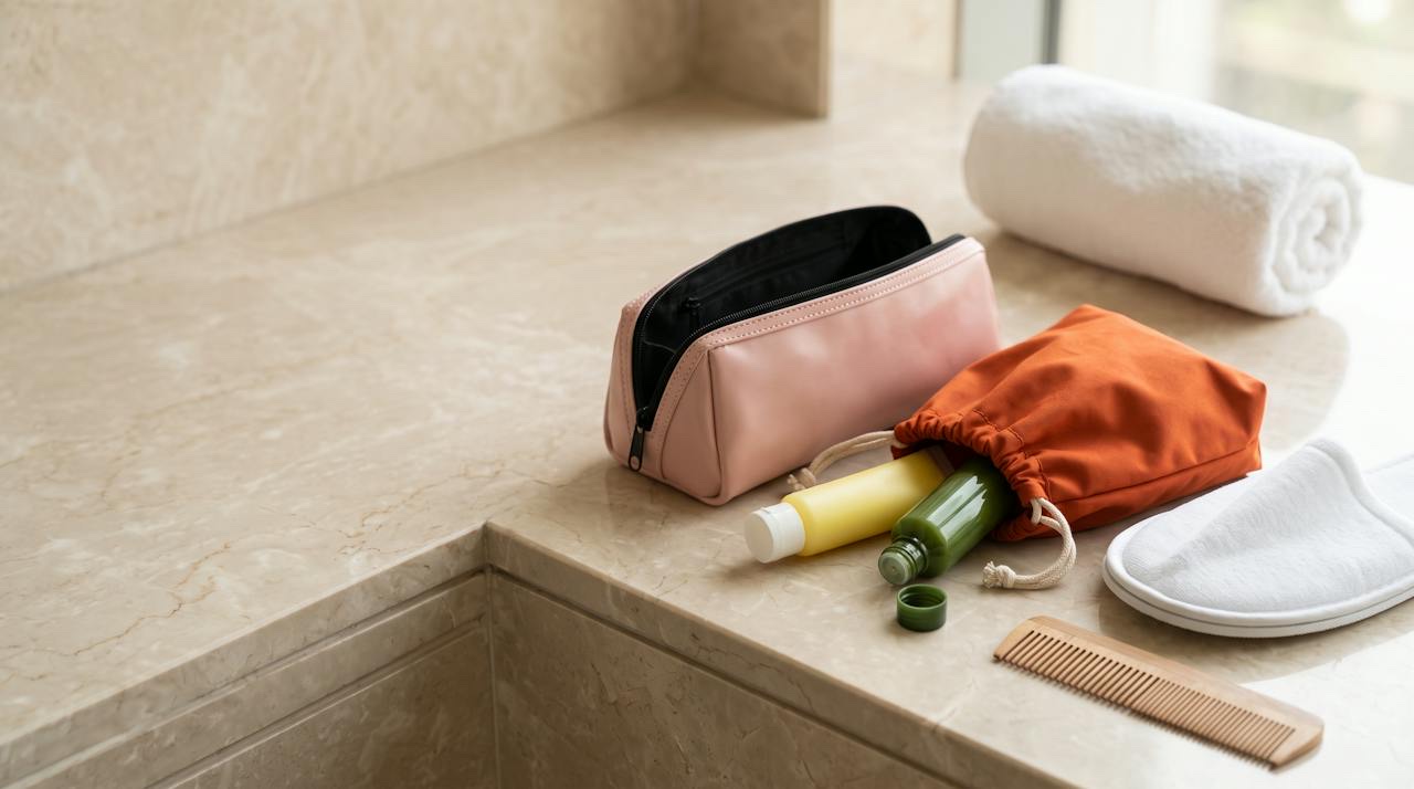 An open zip pouch amenity kit on a neutral surface with an eye mask, socks, a dental set and small toiletry items laid out beside it