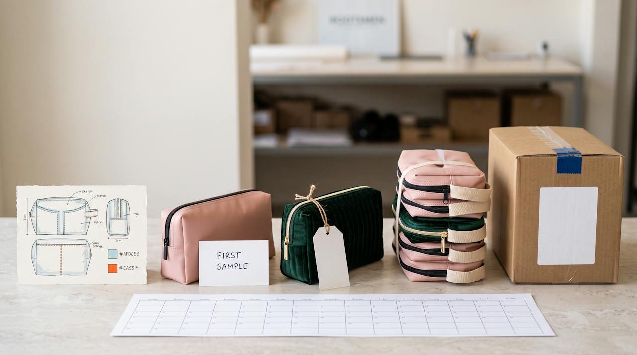 A production planning board and calendar beside finished custom cosmetic pouches and a travel organizer on a factory sampling table