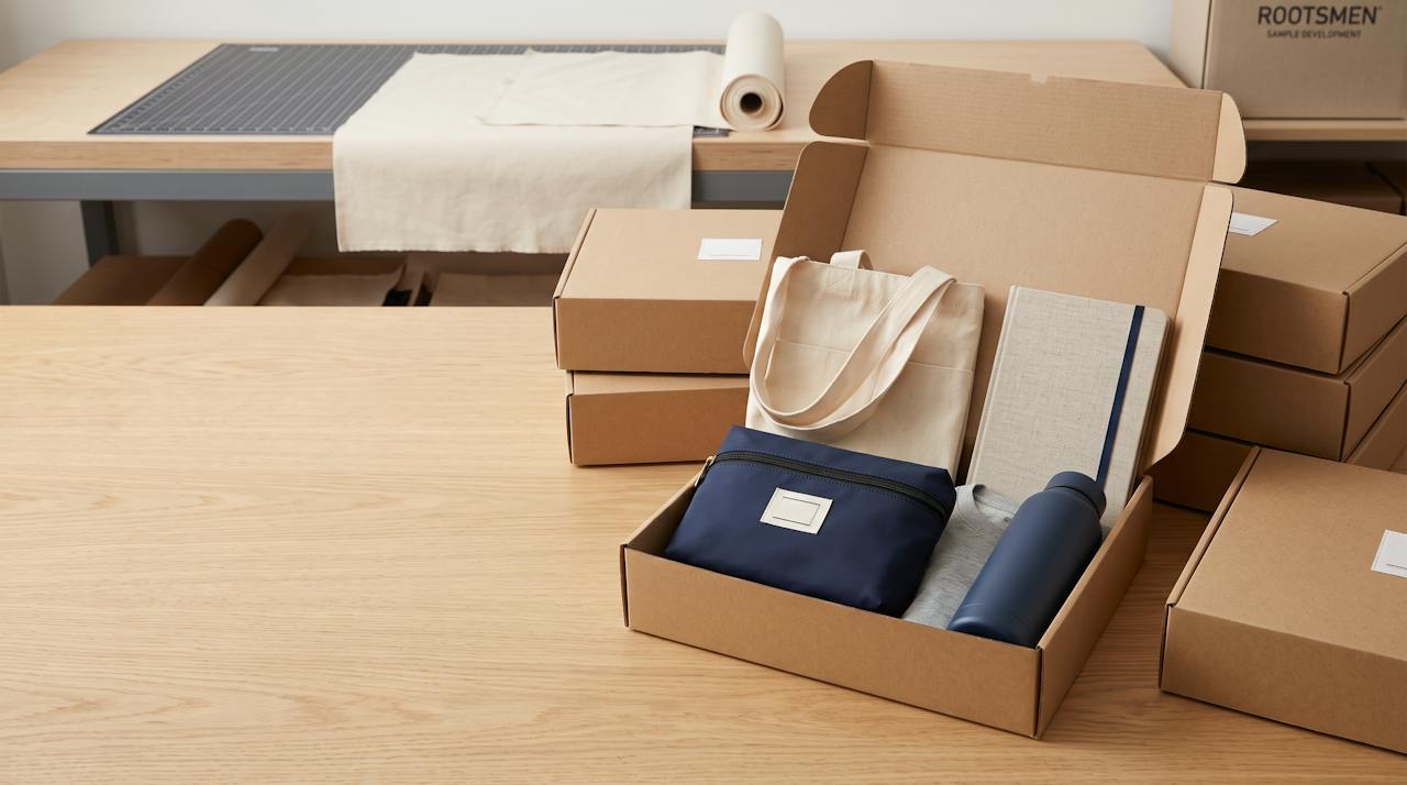 Branded zip pouches and tote bags laid out with notebooks and welcome cards for a corporate onboarding kit