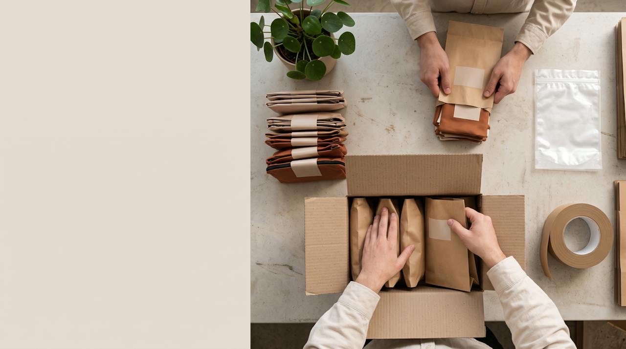 Cosmetic pouches packed in kraft paper sleeves inside a right-sized cardboard shipping carton