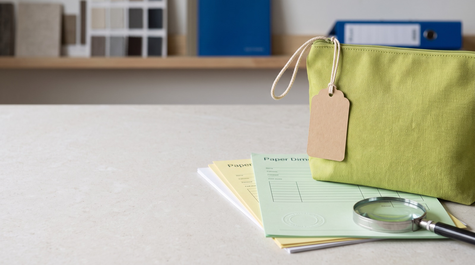 Recycled polyester cosmetic pouches on a workbench beside printed hangtags and supplier certificate paperwork.