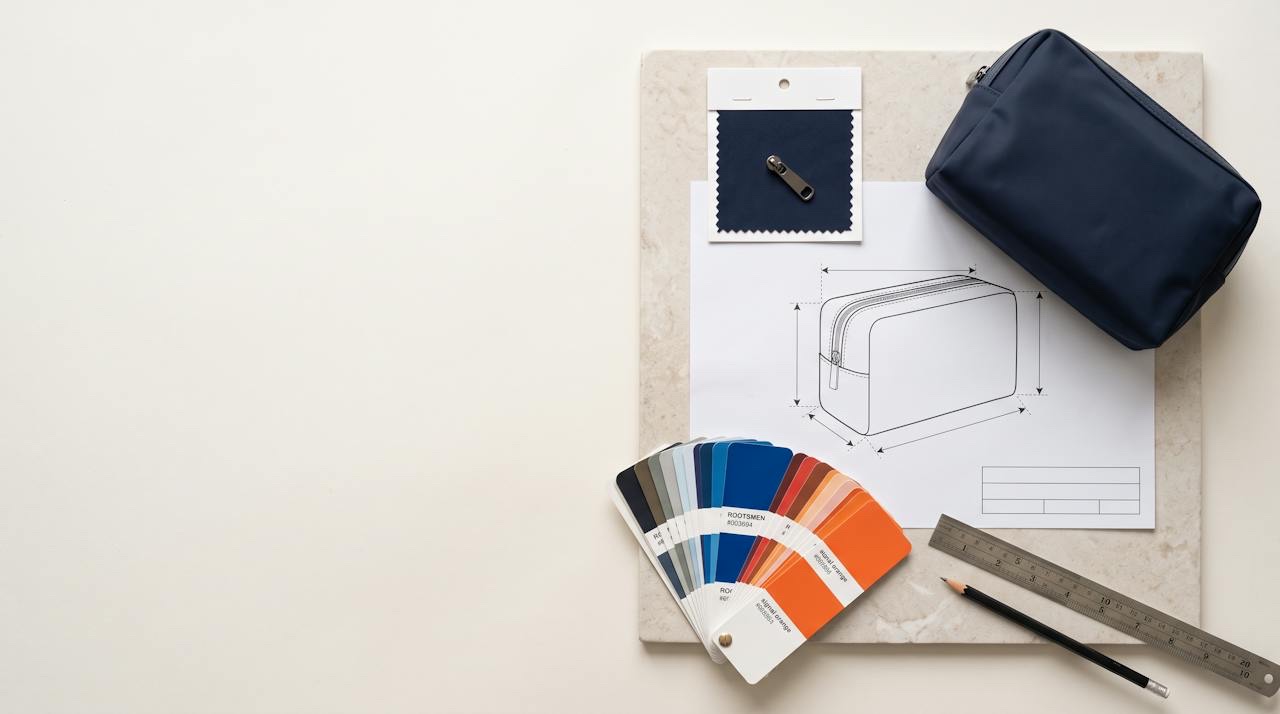 Flat technical sketch of a zippered cosmetic bag with measurement callouts beside fabric swatches, a zipper and colour cards on a desk