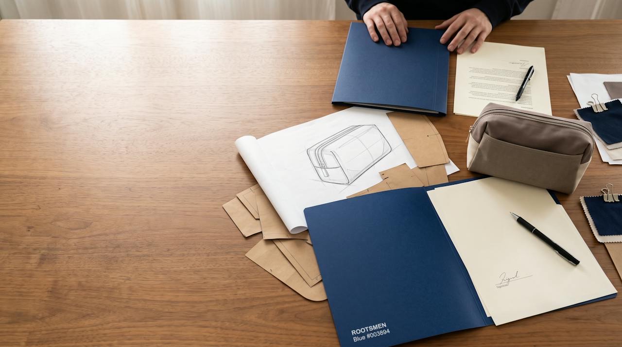 A patternmaker's paper panels for a cosmetic pouch laid out on a cutting table beside a tech pack and a signed sample tag