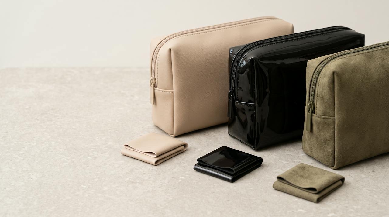 Three cosmetic pouches in blush PU leather, glossy PVC and textured microfiber leather laid side by side with makeup brushes