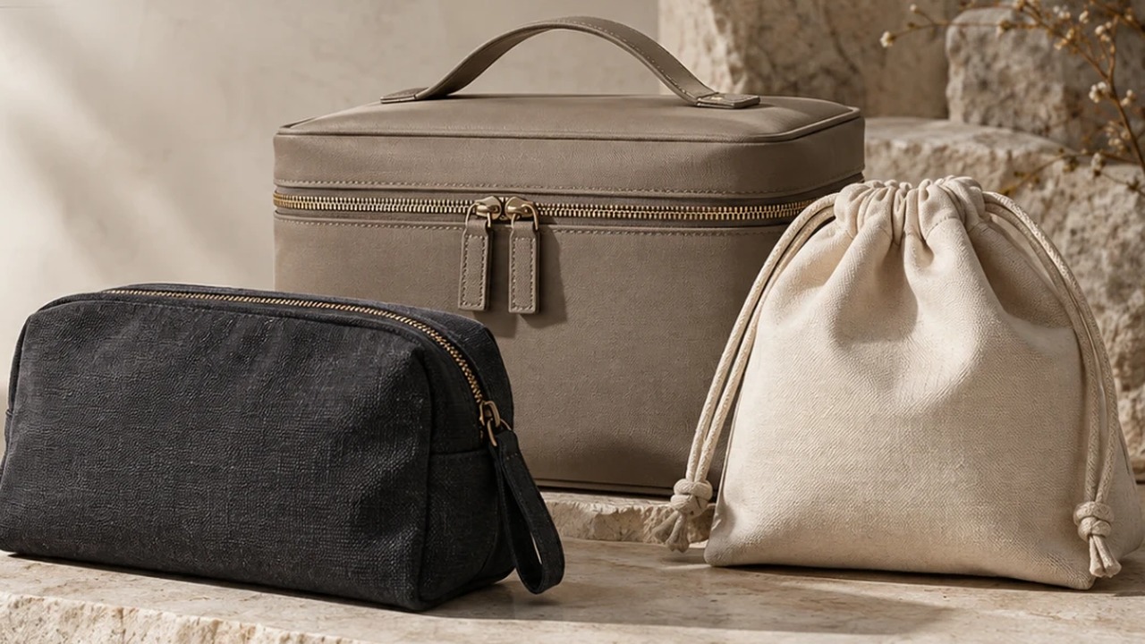 A structured vanity case, a dark zipped box pouch and a natural drawstring bag arranged on a stone ledge in daylight.