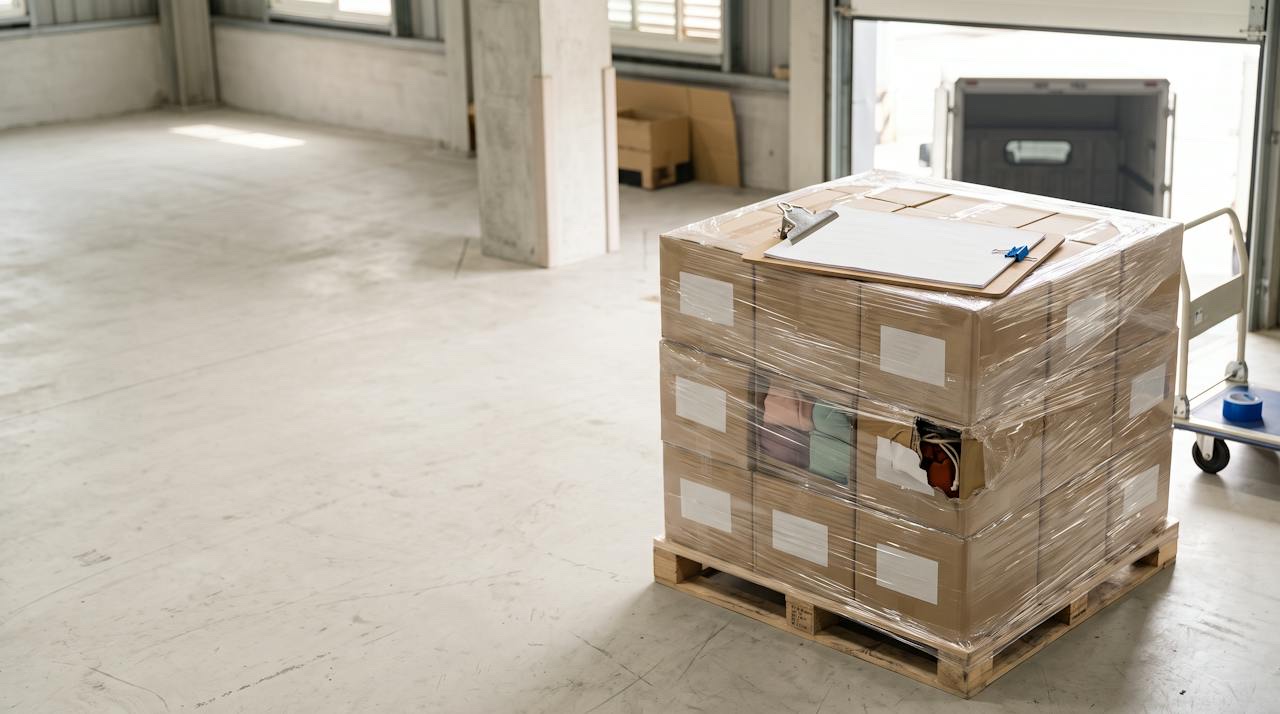 Stacked export cartons of cosmetic bags on a wooden pallet beside an open shipping container at a loading dock