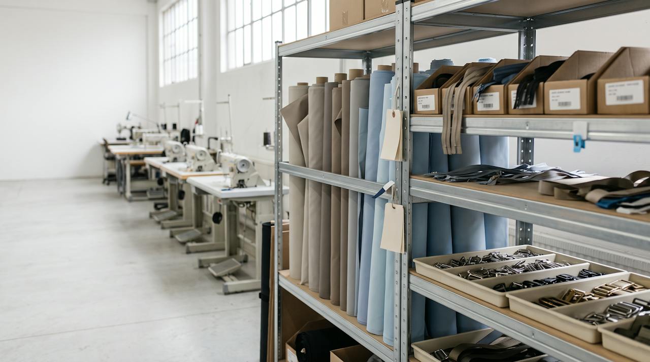 Rolls of coated nylon, boxed zips and hardware trays on a component supplier's shelving, with a sewing line visible behind.