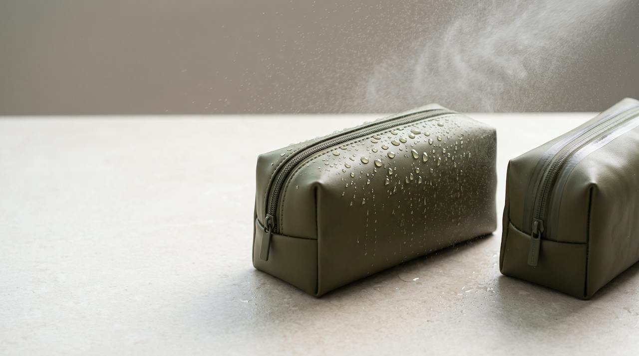 Close-up of a coated ripstop wash bag with a taped seam and a water-resistant zipper, water beading on the surface