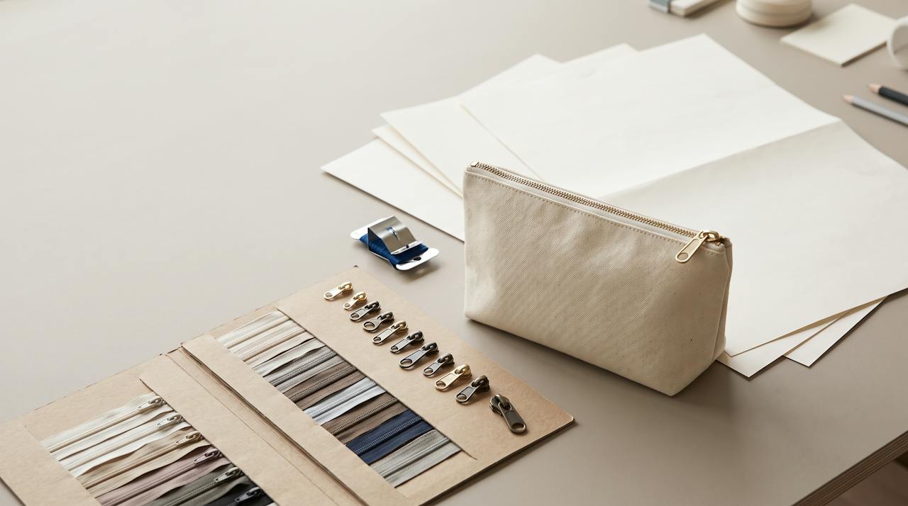 A first development sample of a cosmetic pouch on a sample-room table beside its pattern pieces, trim card and a courier bag.