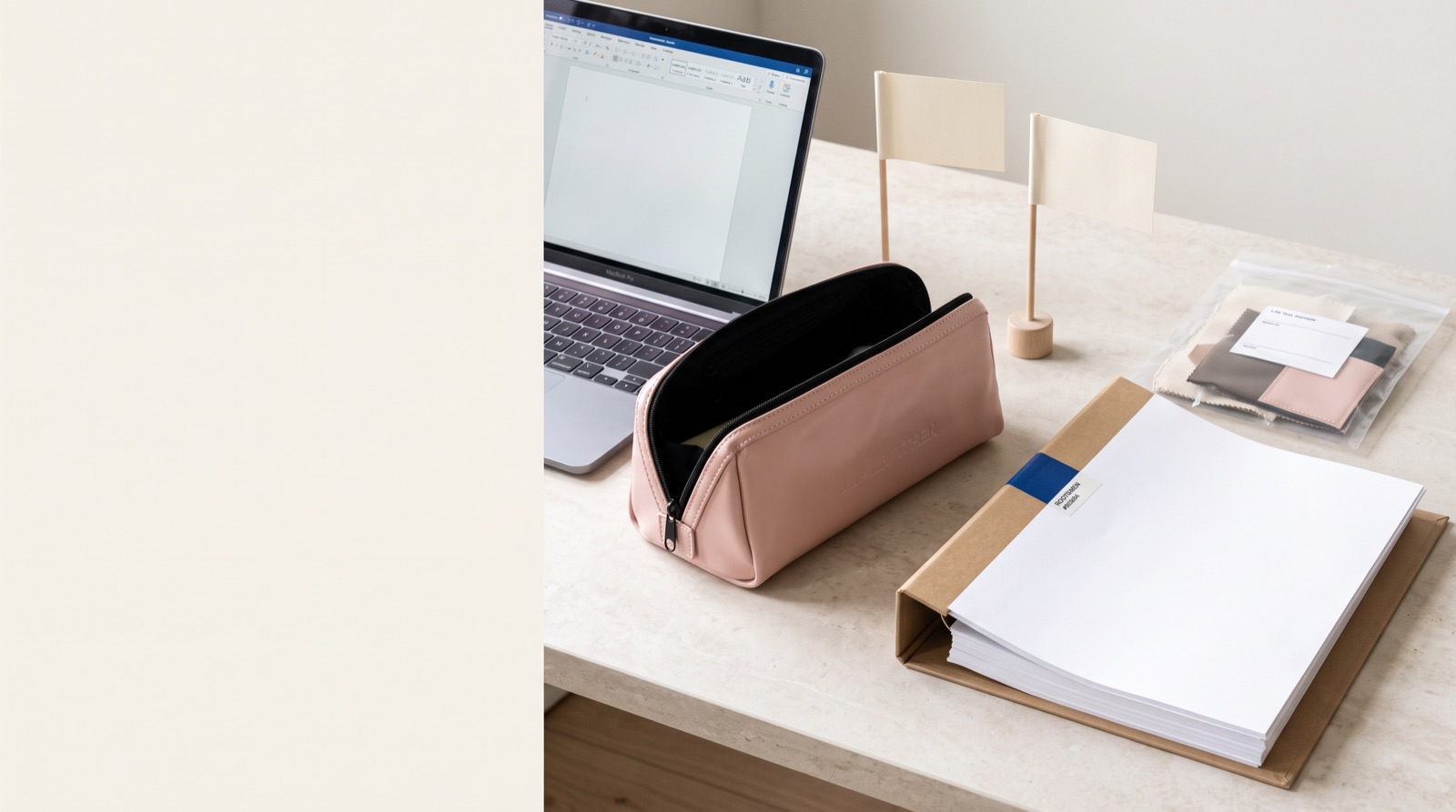 Compliance documents and material declarations reviewed alongside a cosmetic bag sample