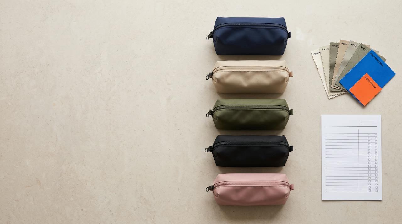 Rolls of dyed nylon and rPET fabric stacked beside cut cosmetic bag panels and zip reels on a factory cutting table